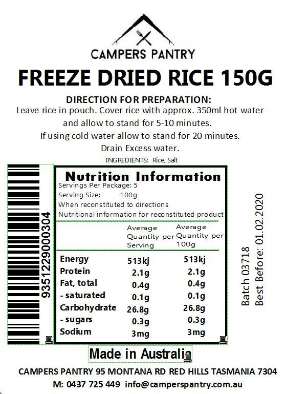 Campers Pantry Freeze Dried Rice - 150g