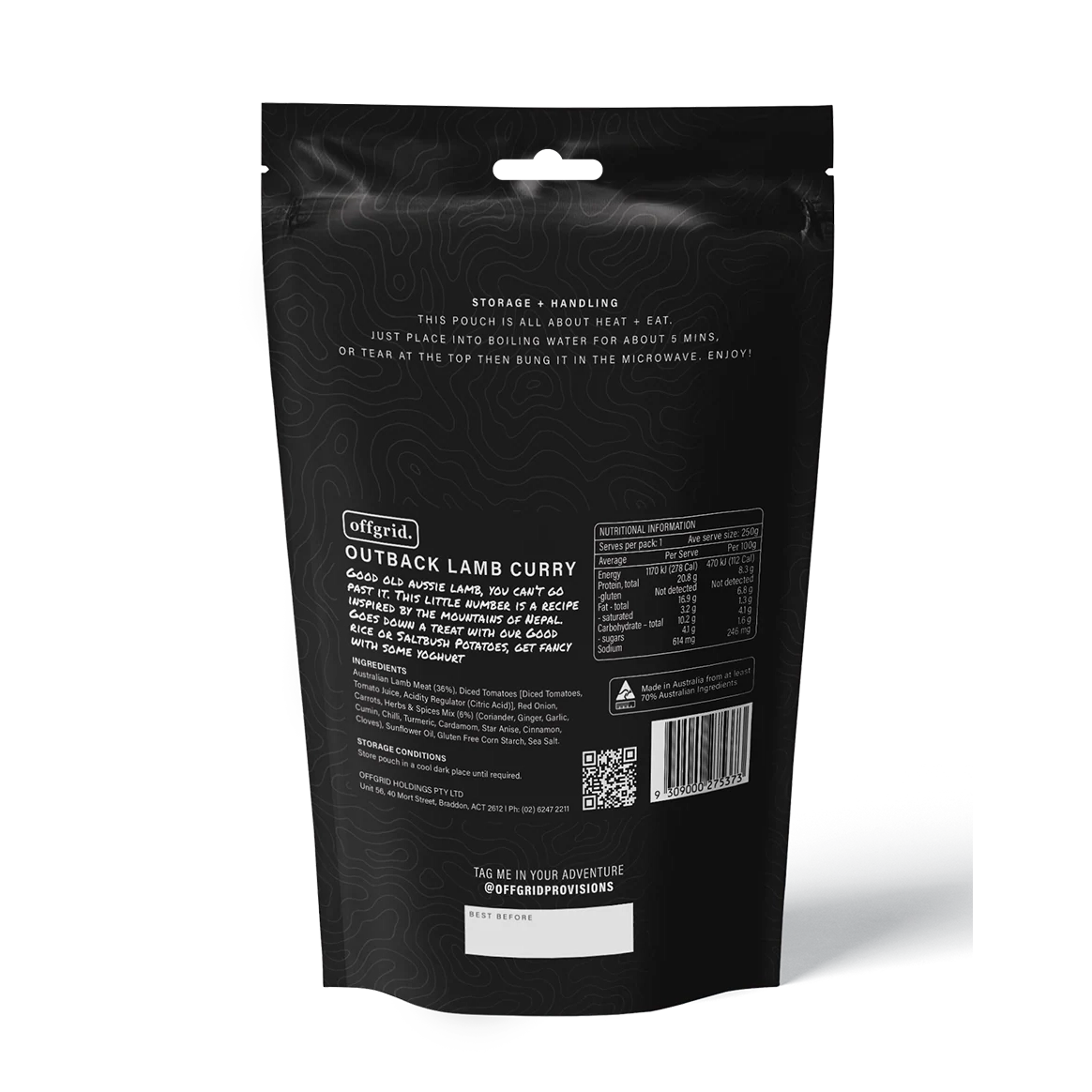 Offgrid Provisions Outback Lamb Curry 250g Heat & Eat Meal