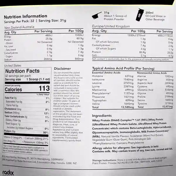 Radix Nutrition DIAAS Complex 1.61 Whey Protein Powder - 1kg
